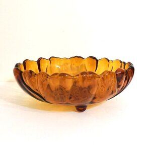 Vintage Amber Floral Glass Bowl‎ 11"